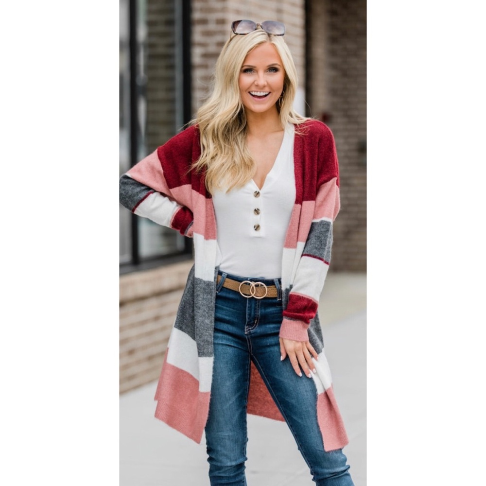 Pink Lily Burgundy Striped Medium Cardigan sweater